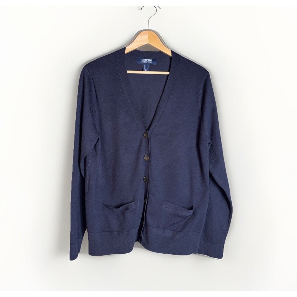 Lands' End Womens Size L Cardigan Sweater Blue Button Up V Neck Preppy‎ Pockets